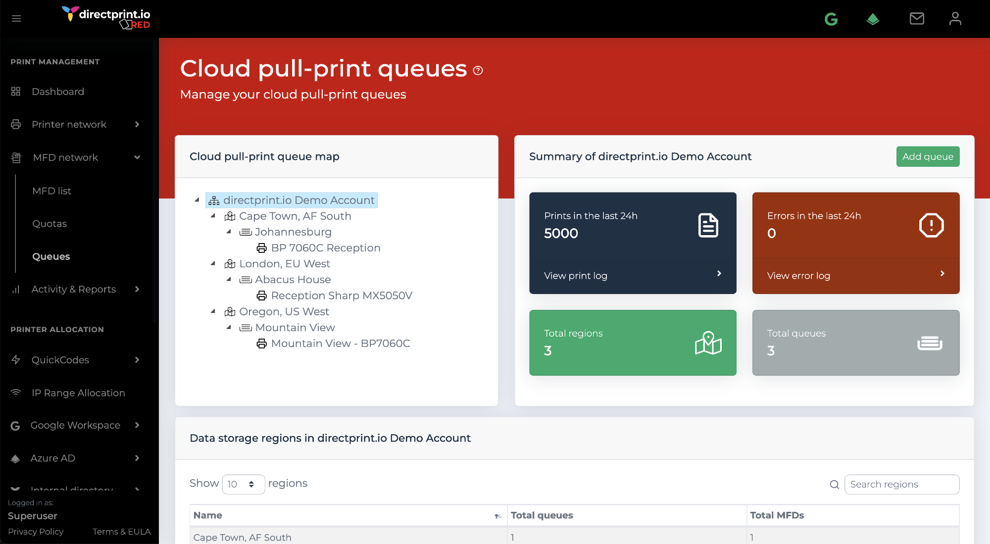 directprint.io RED Pull print queue screenshot